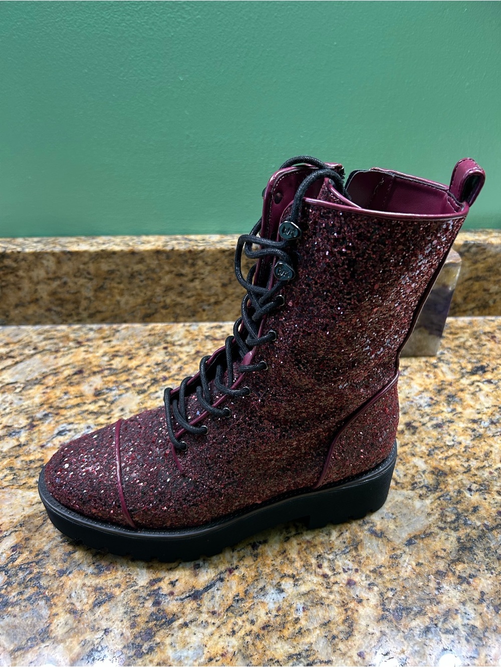 Michael Kors Burgundy Glitter Lace-Up Combat Boots - Picture 3 of 7